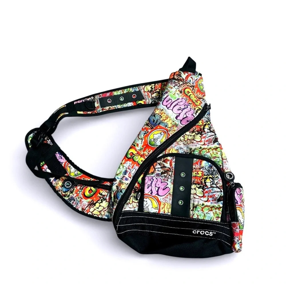 Crocs Graffiti Print Sling  Crossbody Backpack Neon Green Interior Multi-Color